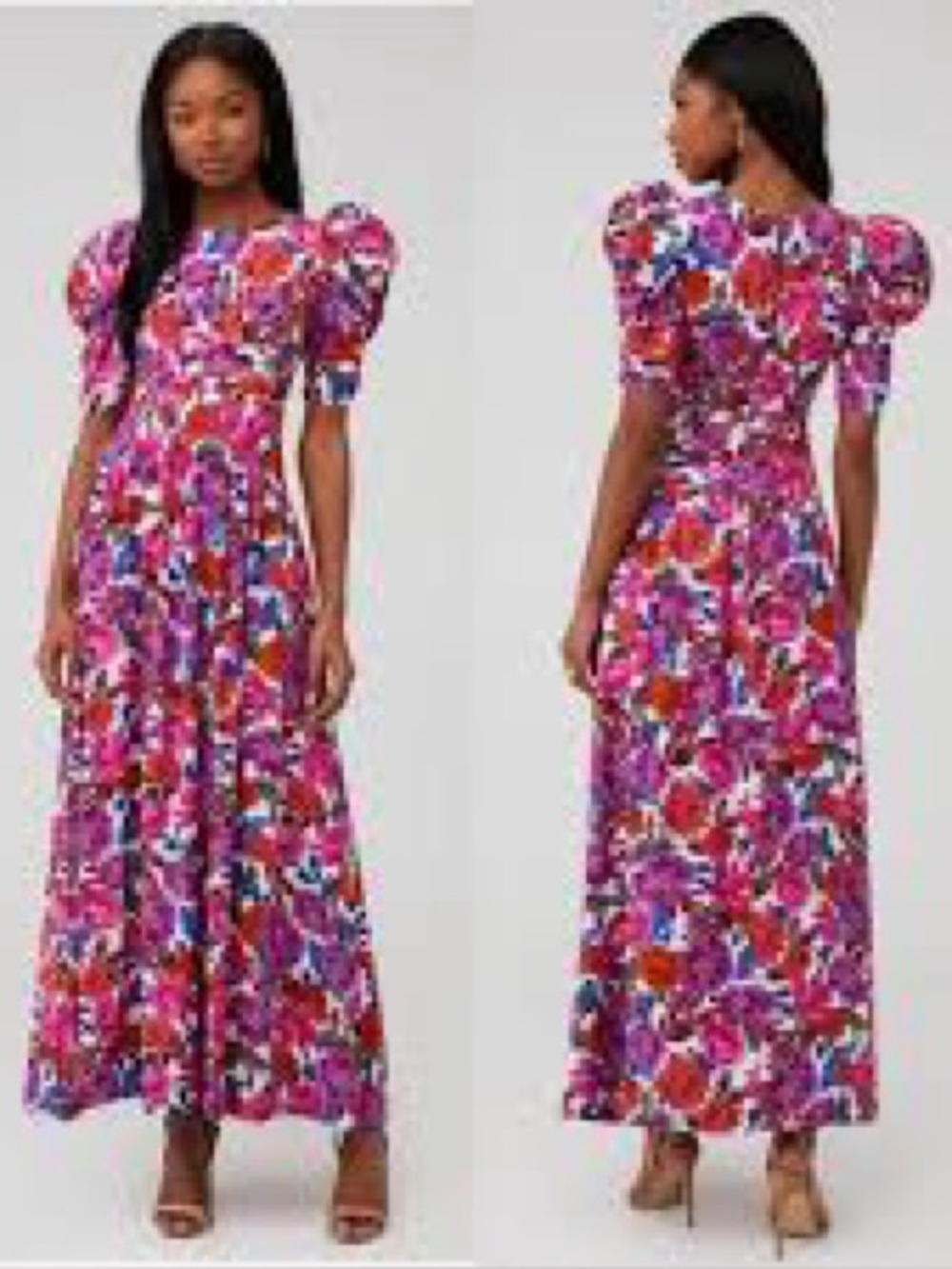 For Love & Lemons Cassandra Maxi Dress Floral Puff Sleeve Pink Purple Medium